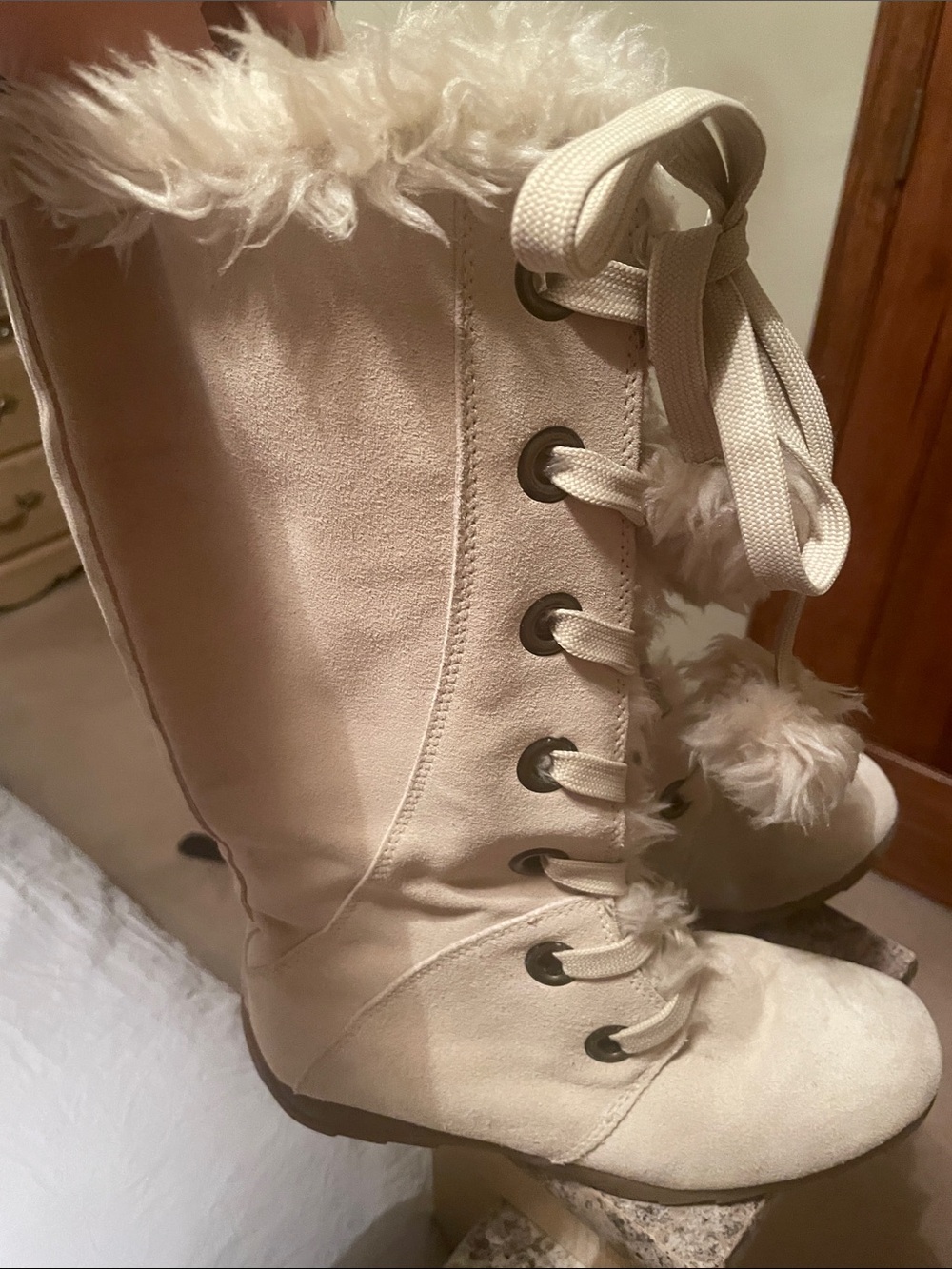 Sporto Cream Lace-Up Faux Fur Trim Winter Boots